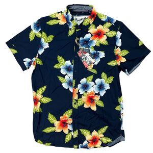 MBX Denim Wear Shirt Mens L Navy Cotton Hawaiian Colorful Button-Down Floral New